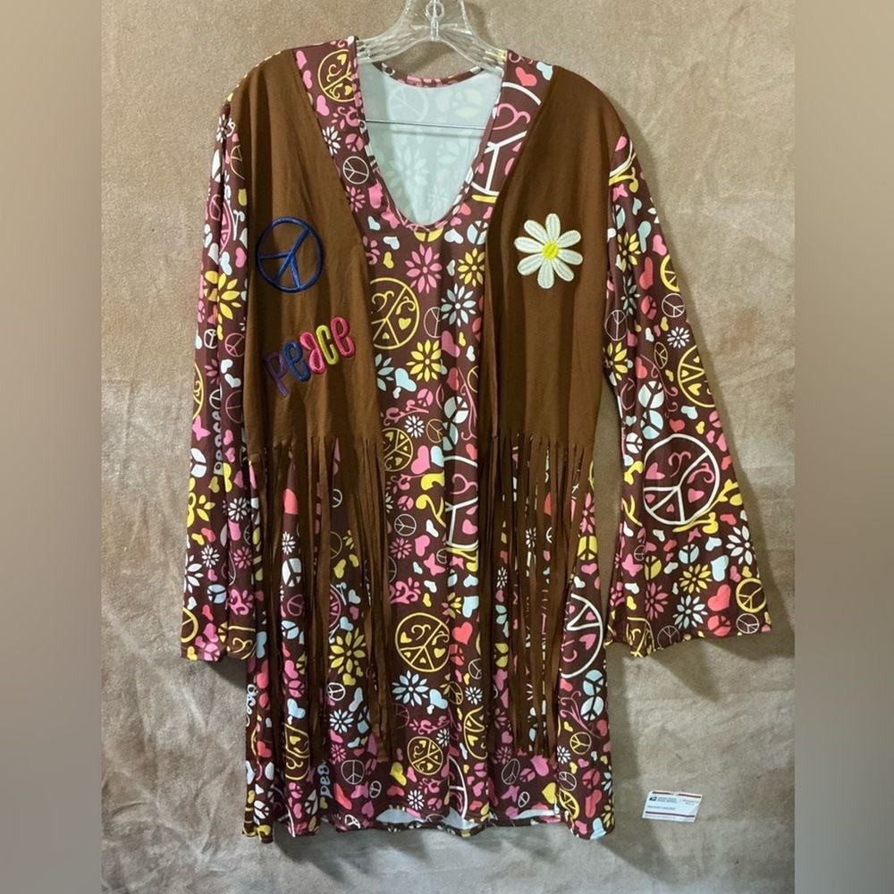 70's party groovy holloween peace love Brown Floral Dress size 16 - Picture 2 of 8